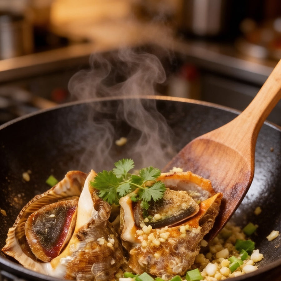 Garlic stir-fried sea conch in a pan