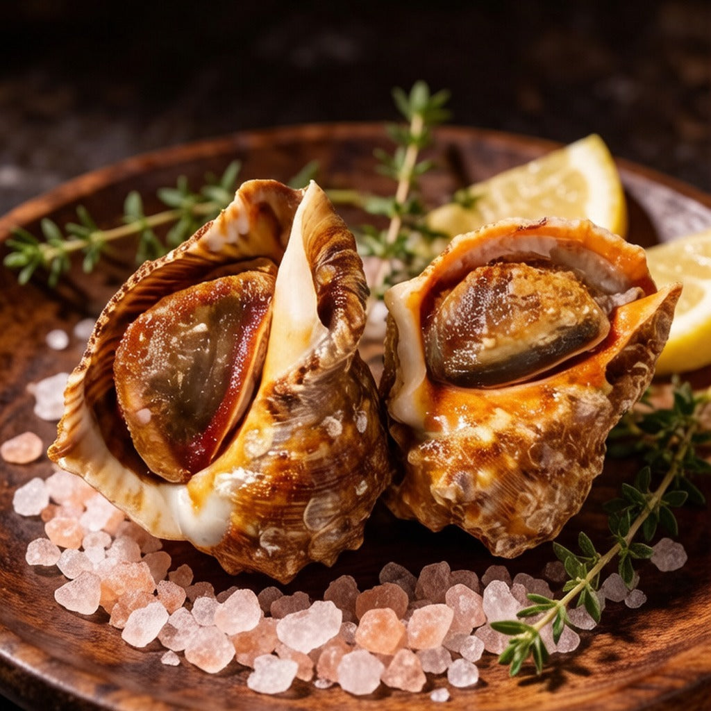 Salt-roasted sea conch on a tray