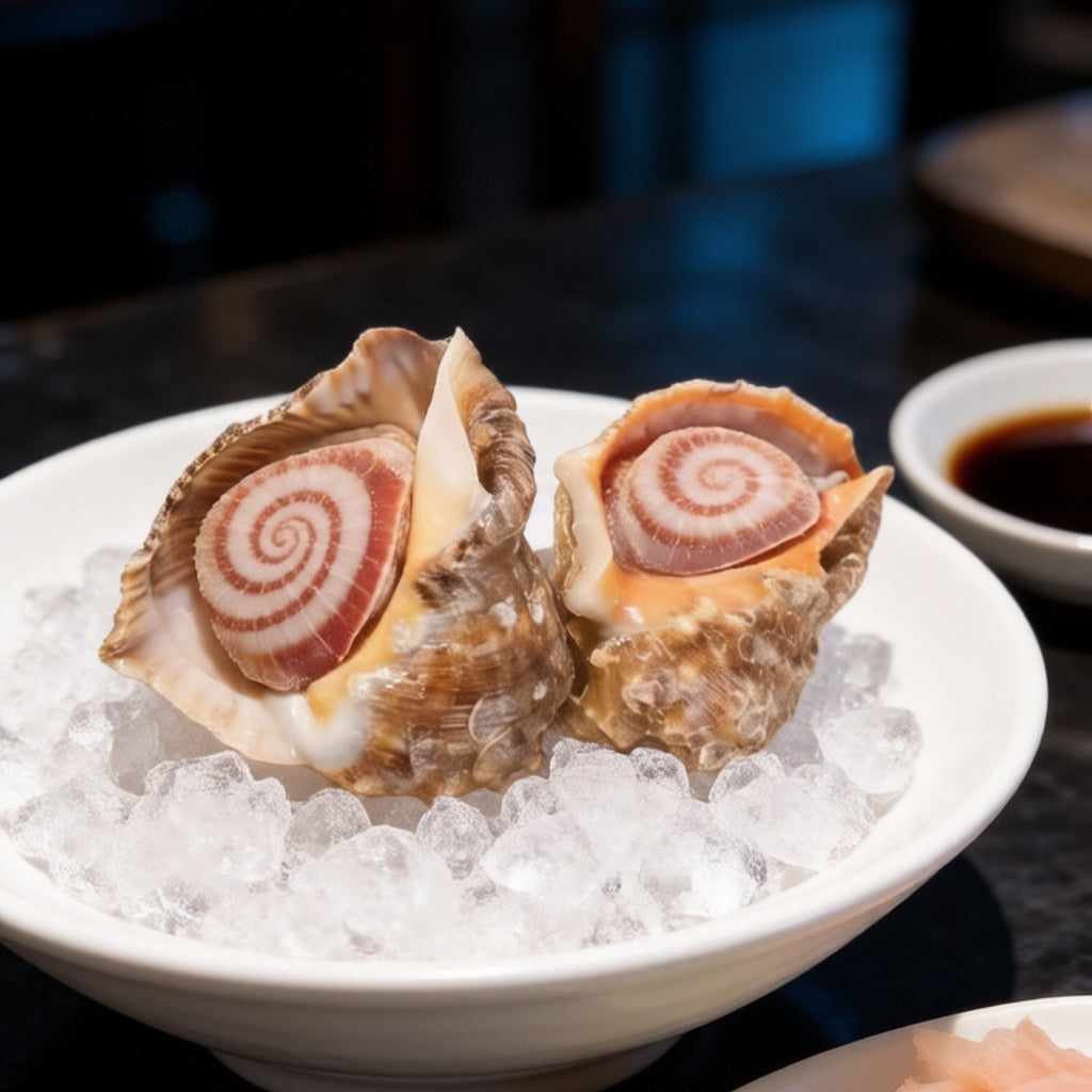 Sliced sea conch sashimi on ice