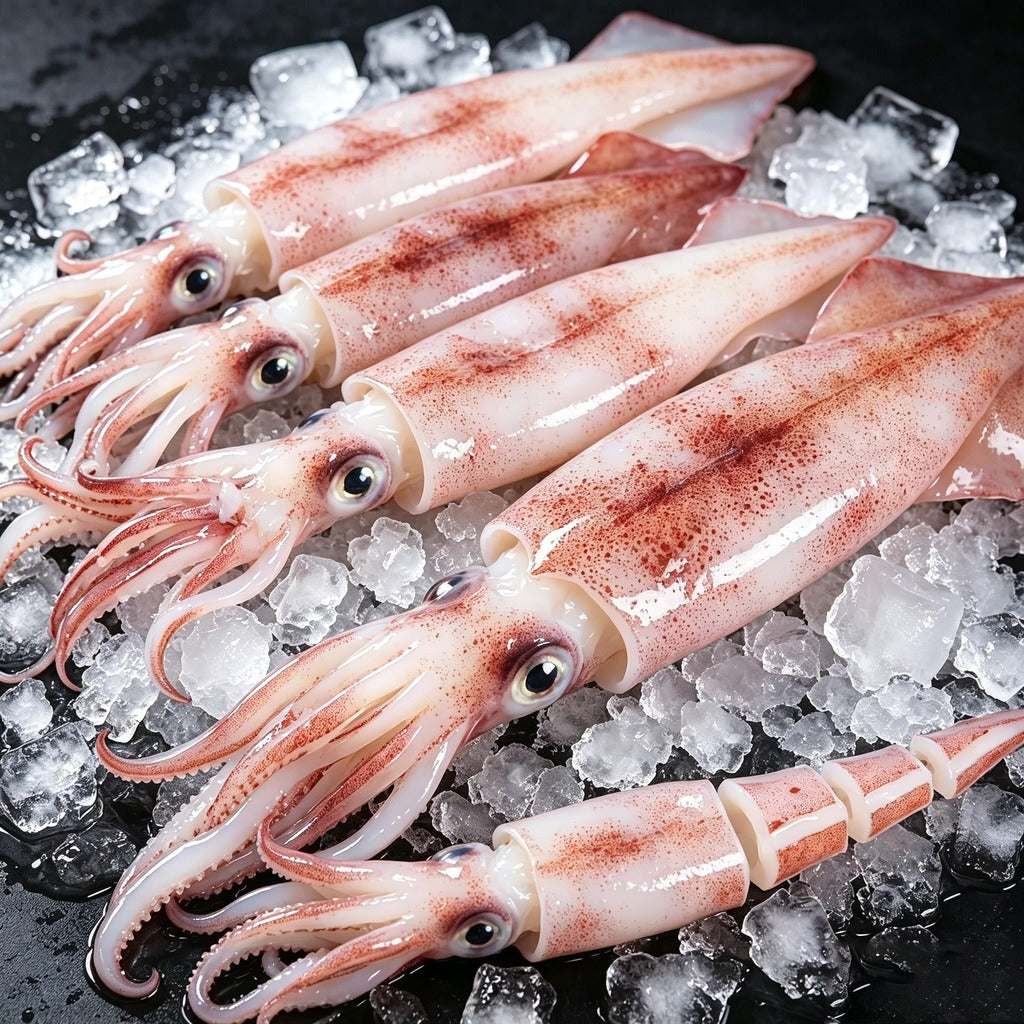 Whole squid on a chilled tray