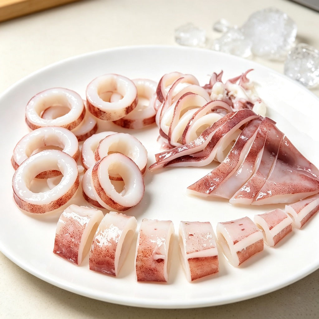 Thawed whole squid ready to clean