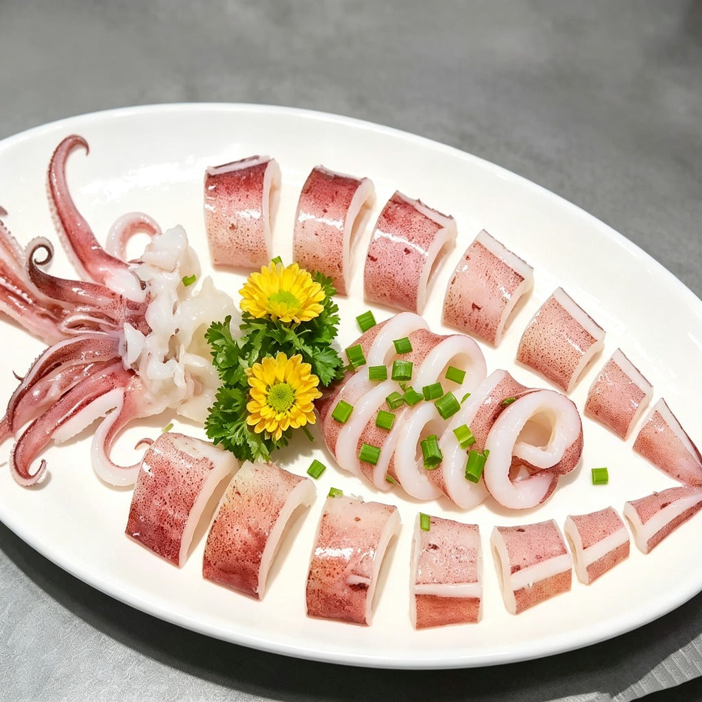 Whole squid with tentacles close up