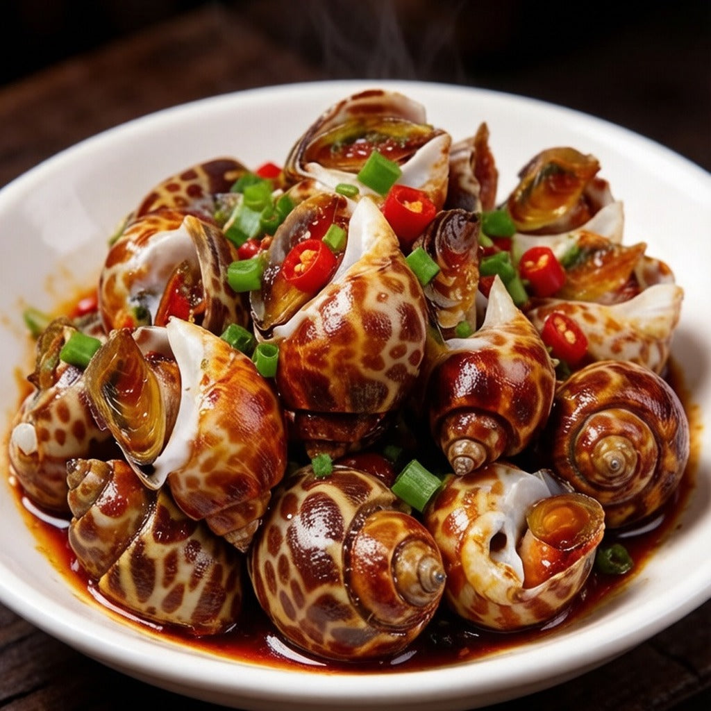 Spicy wok-fried spotted Babylon snails in a clay pot