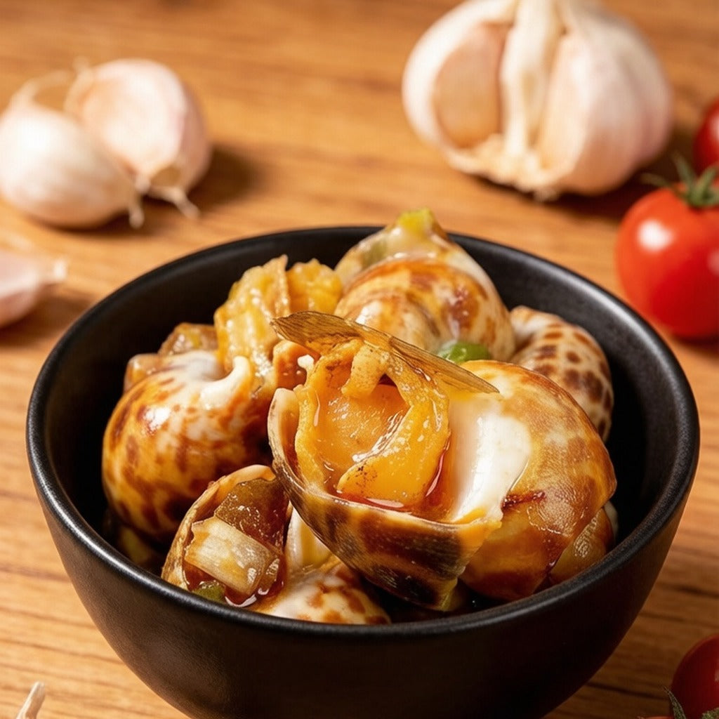 Steamed spotted Babylon snails in a serving bowl