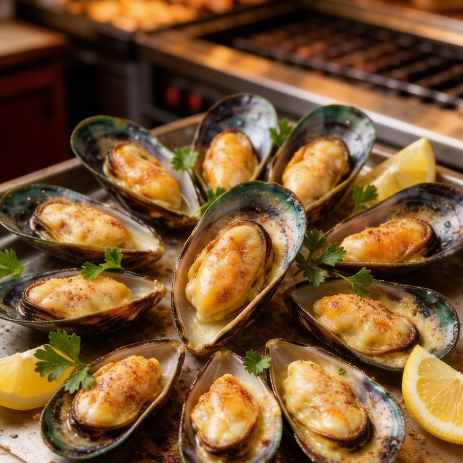 Grilled green mussels with cheese