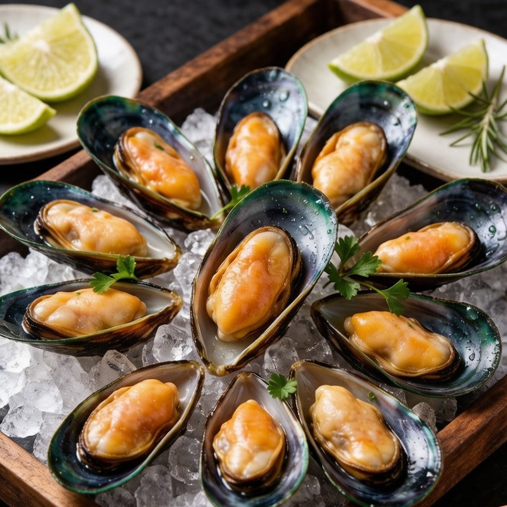 Live green mussels displayed on ice