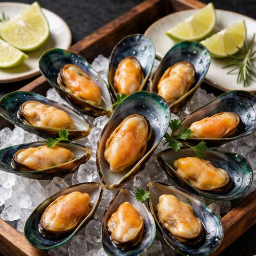 Live green mussels displayed on ice