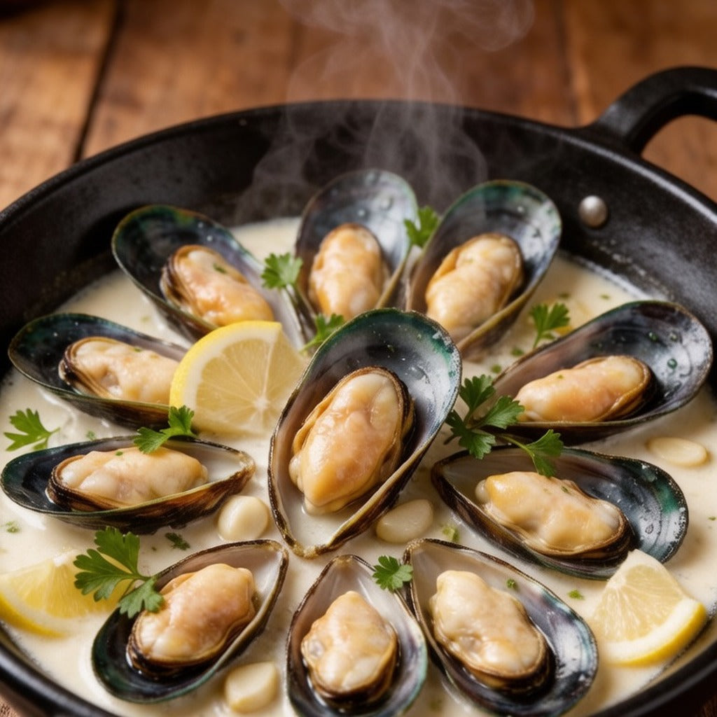 Green mussels in a white wine broth