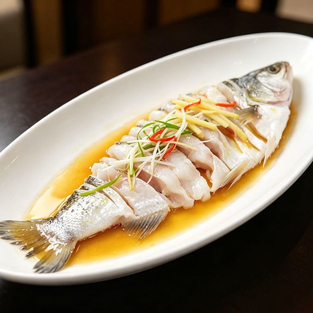 Steamed white silk fish on a plate