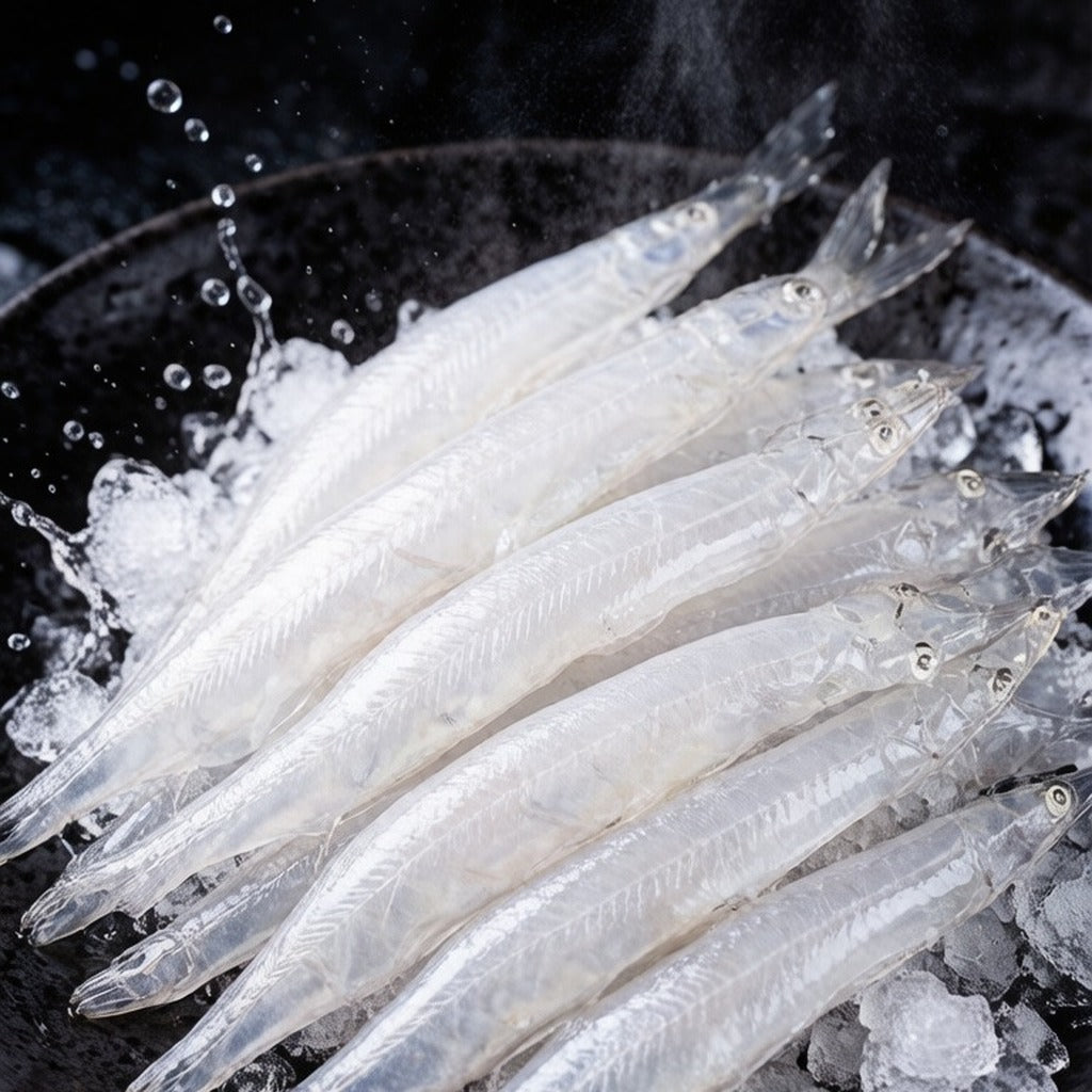 Fresh whitebait displayed on ice