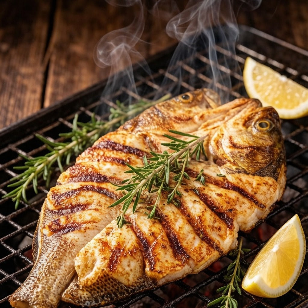 Grilled whole sea bass on a plate