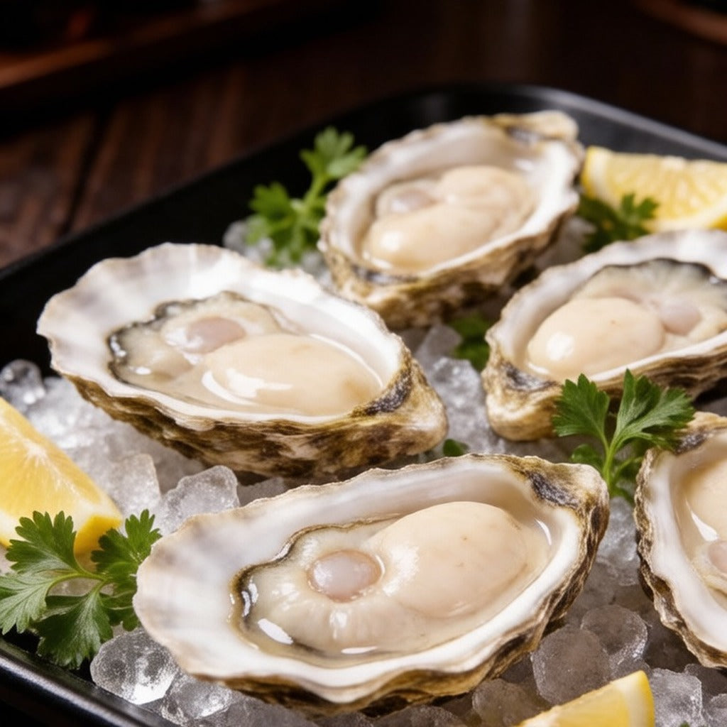 Half-shell oysters on an ice platter