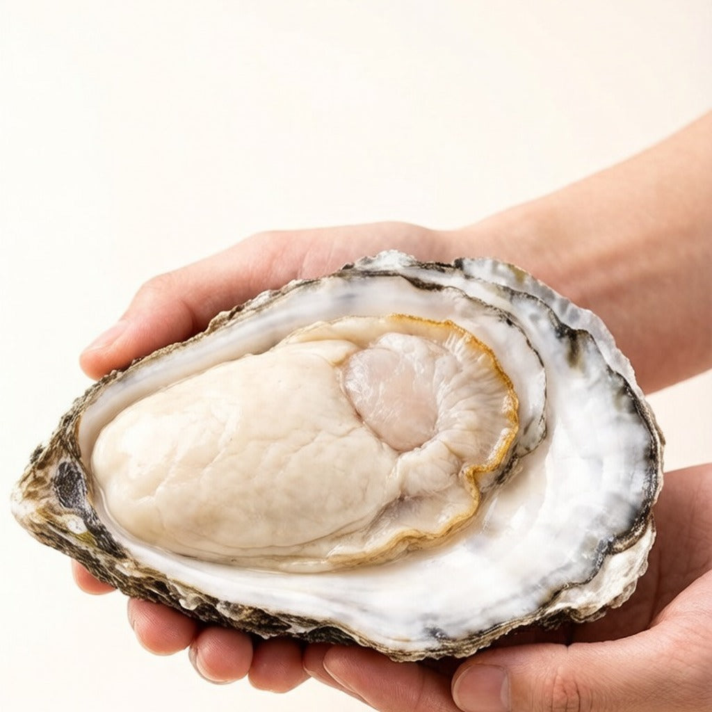 Hand holding a large fresh oyster